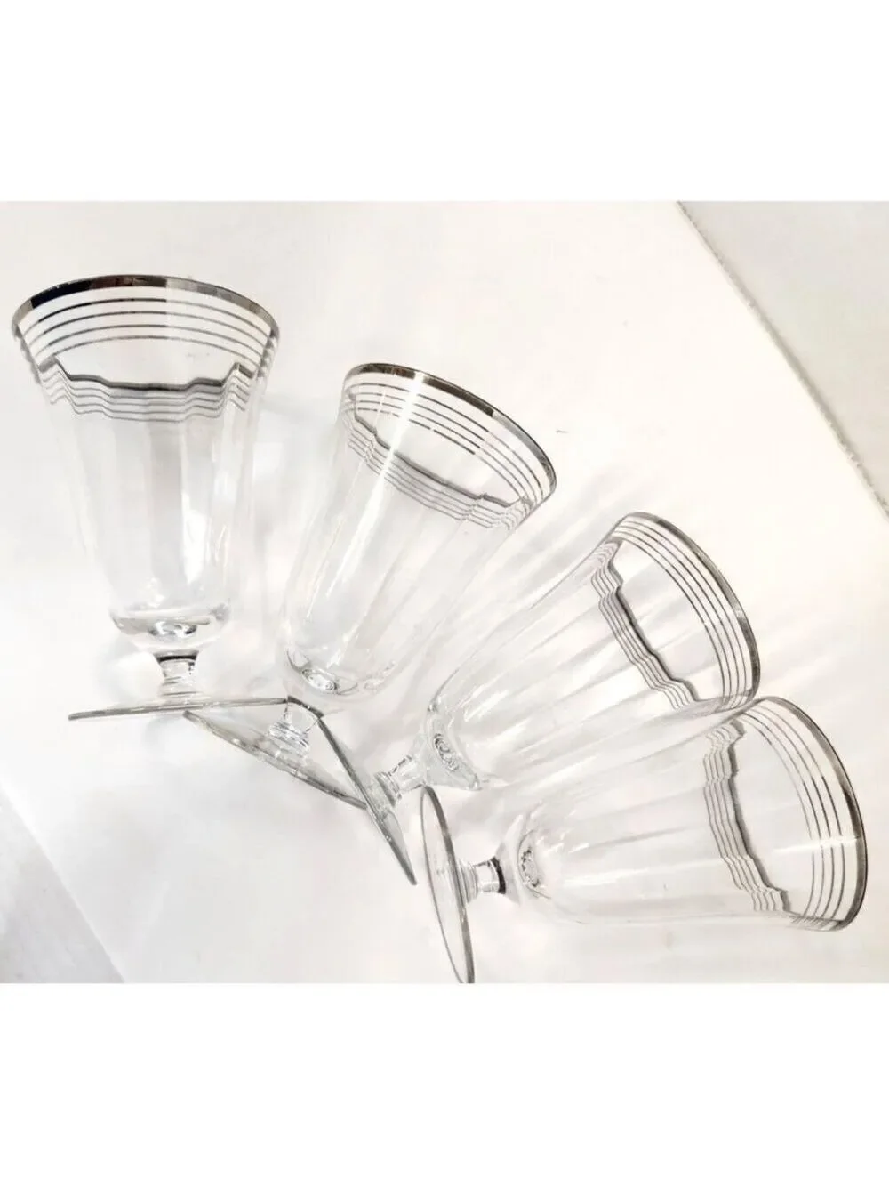 Vintage Optic Platinum Silver-Rimmed glass Goblets Set Of 4, Juice Glasses, Holi